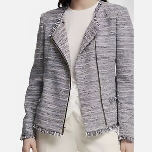 DKNY Blue Tweed Fringe Trim Zipper Blazer